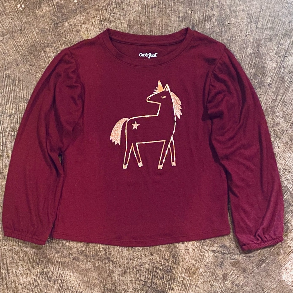 Girls Burgundy Long-Sleeve Unicorn Sweater Tee